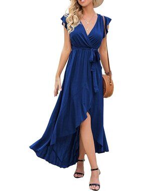 Women's Navy Blue Stylish Boho Beach Vacation Wrap V Neck Summer Long Maxi Dress